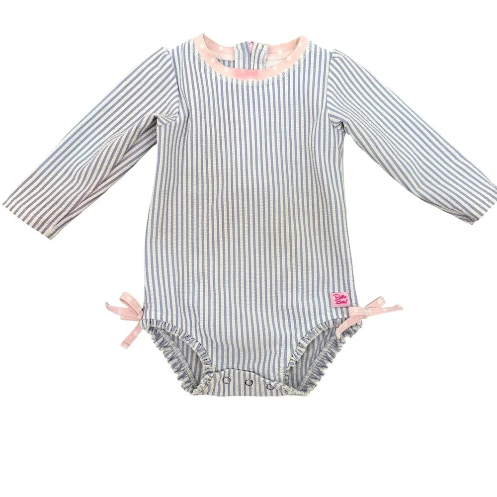 RuffleButts Baby Girl Blue Seersucker Striped LS One Piece Swimsuit 12-18M